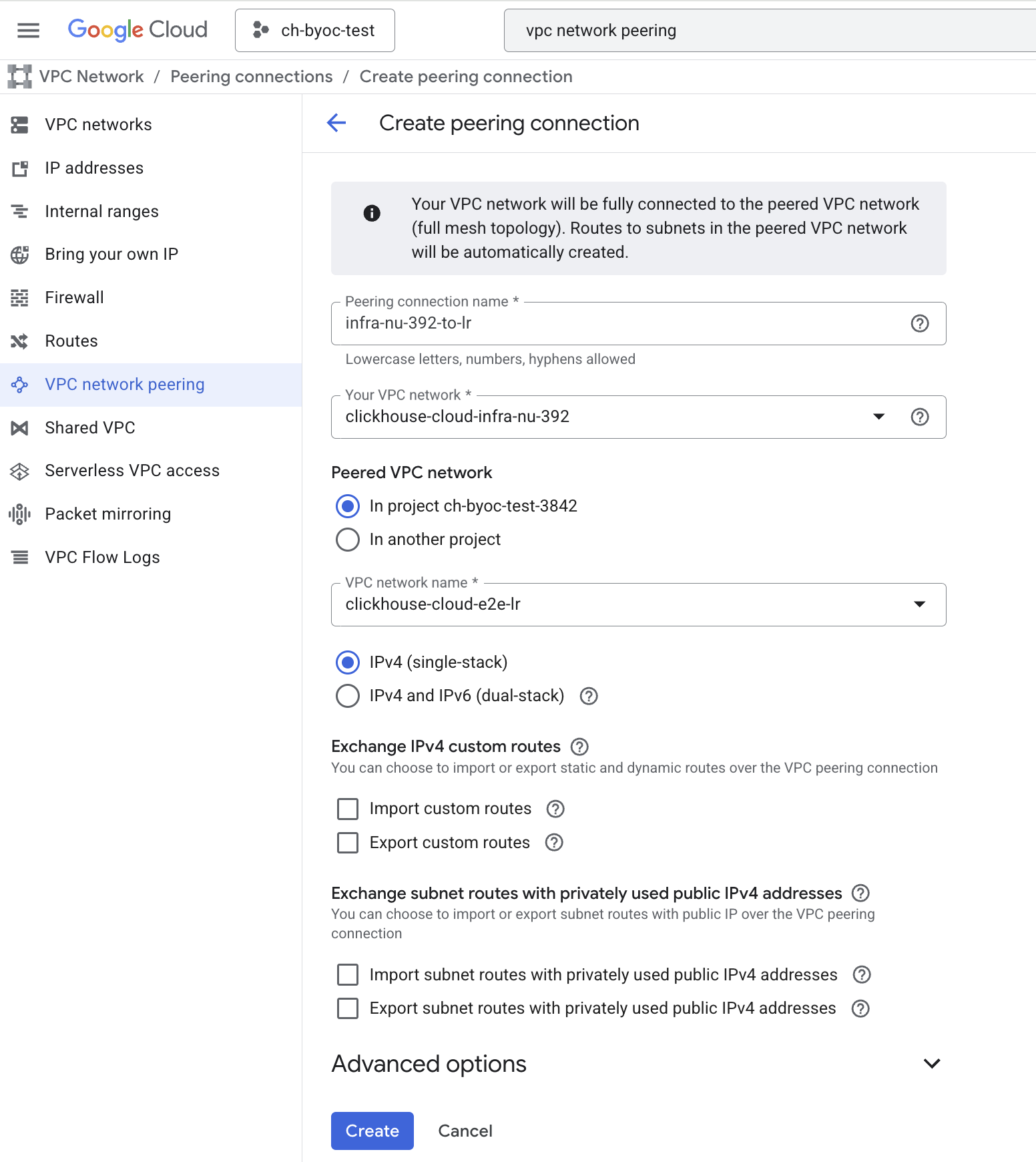 BYOC Создание пирингового подключения