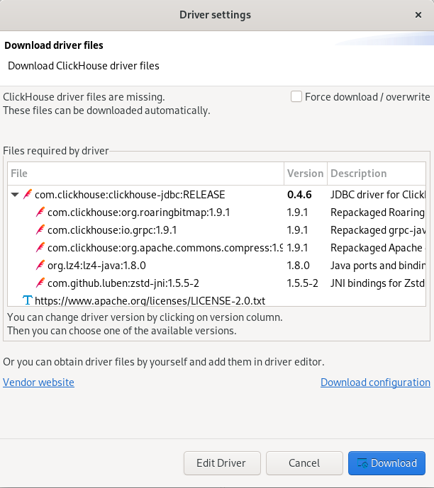 Загрузка драйвера ClickHouse